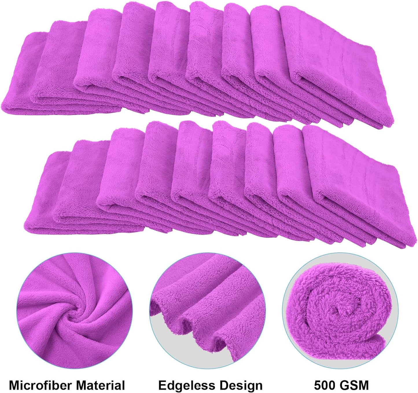 30 Pcs Edgeless Microfiber Towels for Cars Detailing Drying Wash Polishing Towel Plush Absorbent Microfiber Rags Plush Microfiber Cleaning Cloths for Cars, 500 GSM, 16 X 16 Inch (Purple)