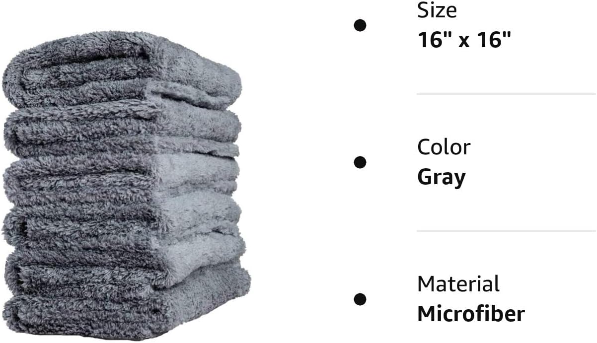 Edgeless Microfiber Towel Car Drying Wash Buffing 6Pack 16"X16" Ultra Plush 450Gsm Detailing Cloth (Gray)