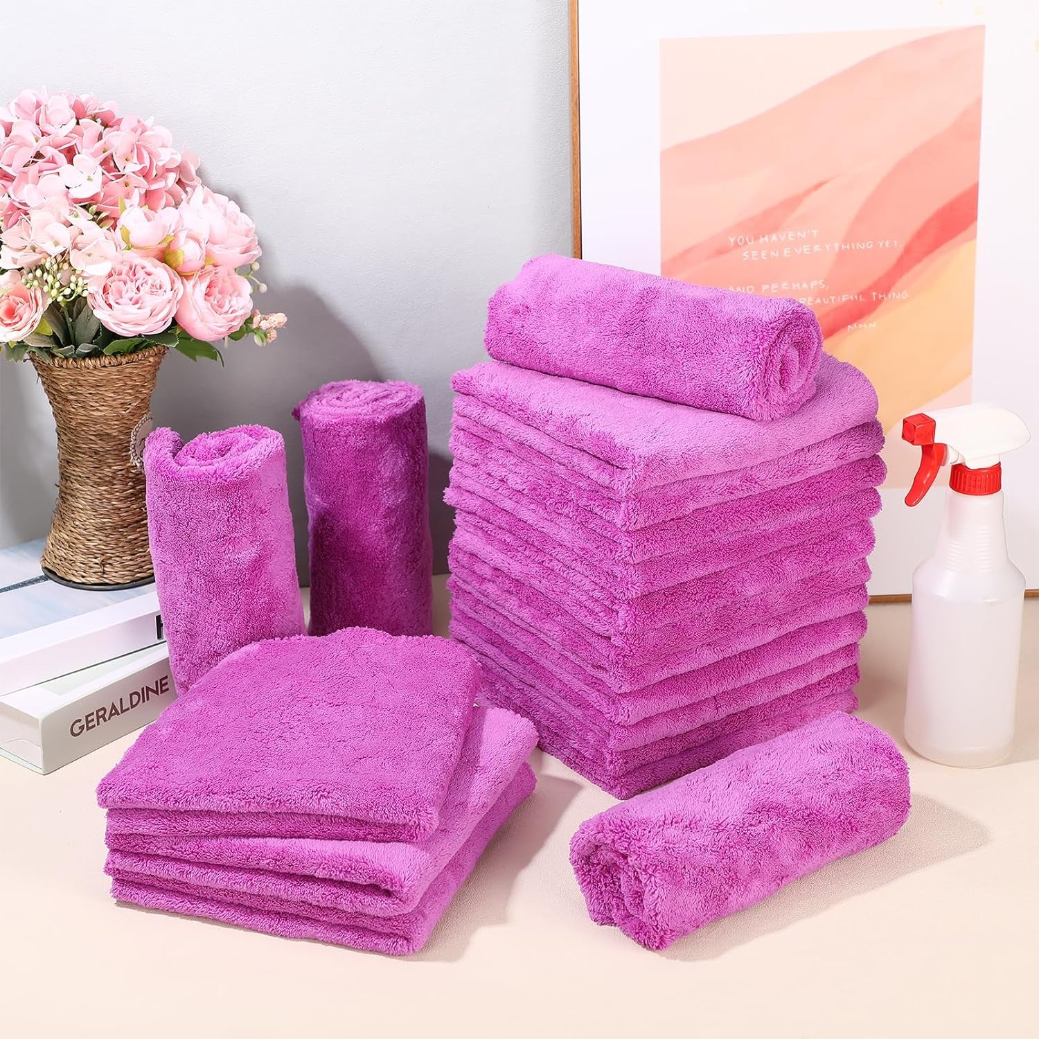 30 Pcs Edgeless Microfiber Towels for Cars Detailing Drying Wash Polishing Towel Plush Absorbent Microfiber Rags Plush Microfiber Cleaning Cloths for Cars, 500 GSM, 16 X 16 Inch (Purple)