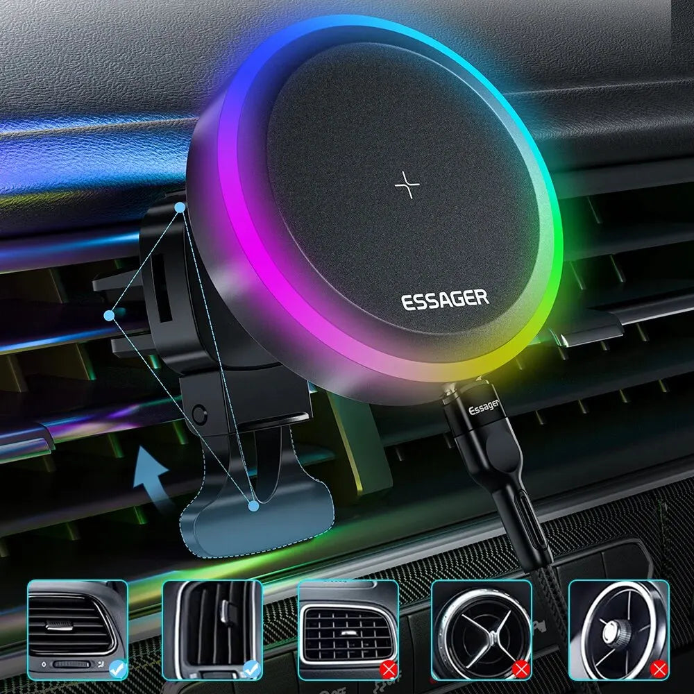 RGB Magnetic Car Phone Holder - Wireless Charger Car